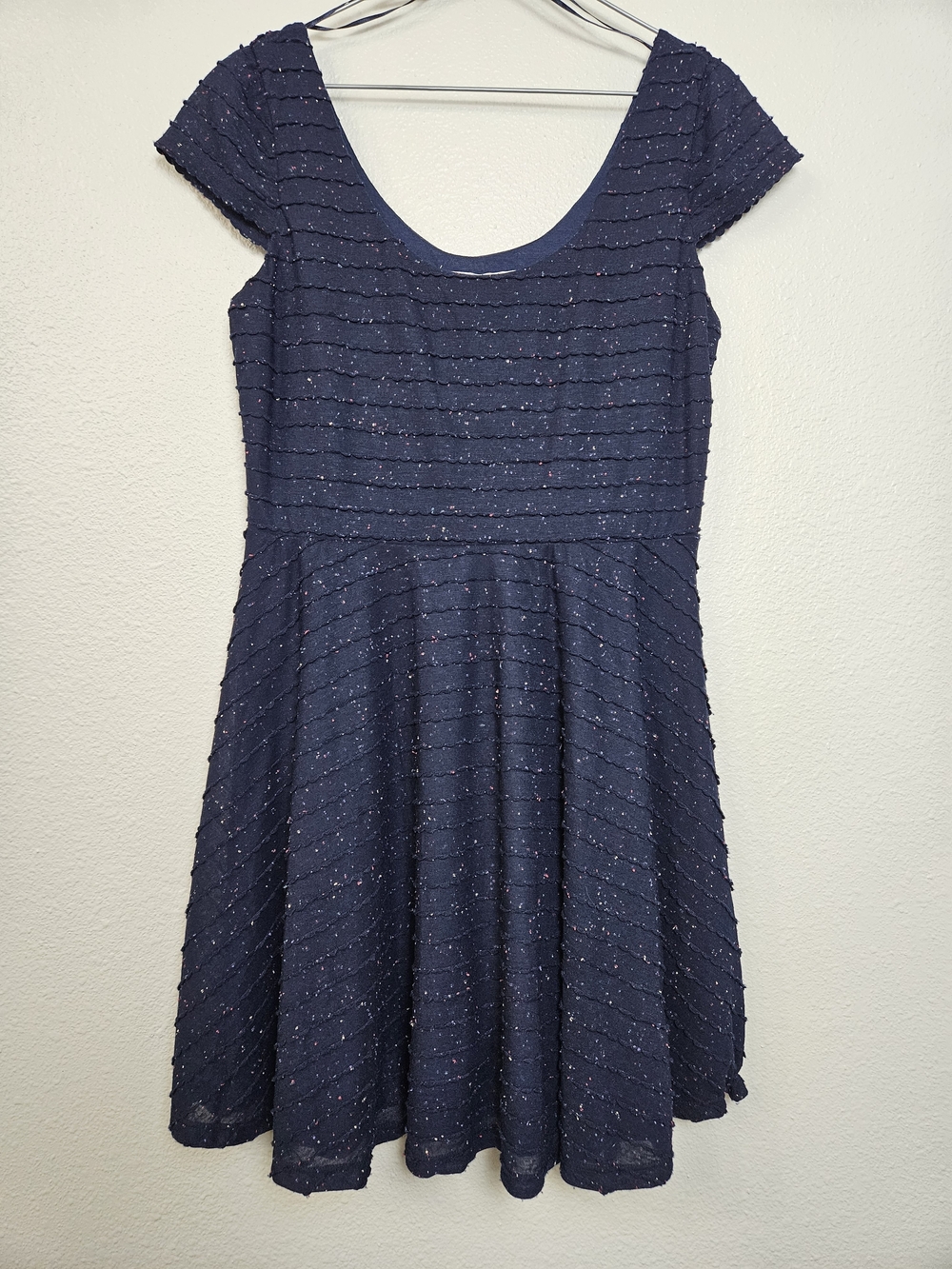 LC Lauren Conrad Navy Sparkle Cap-Sleeve Skater Dress Size M